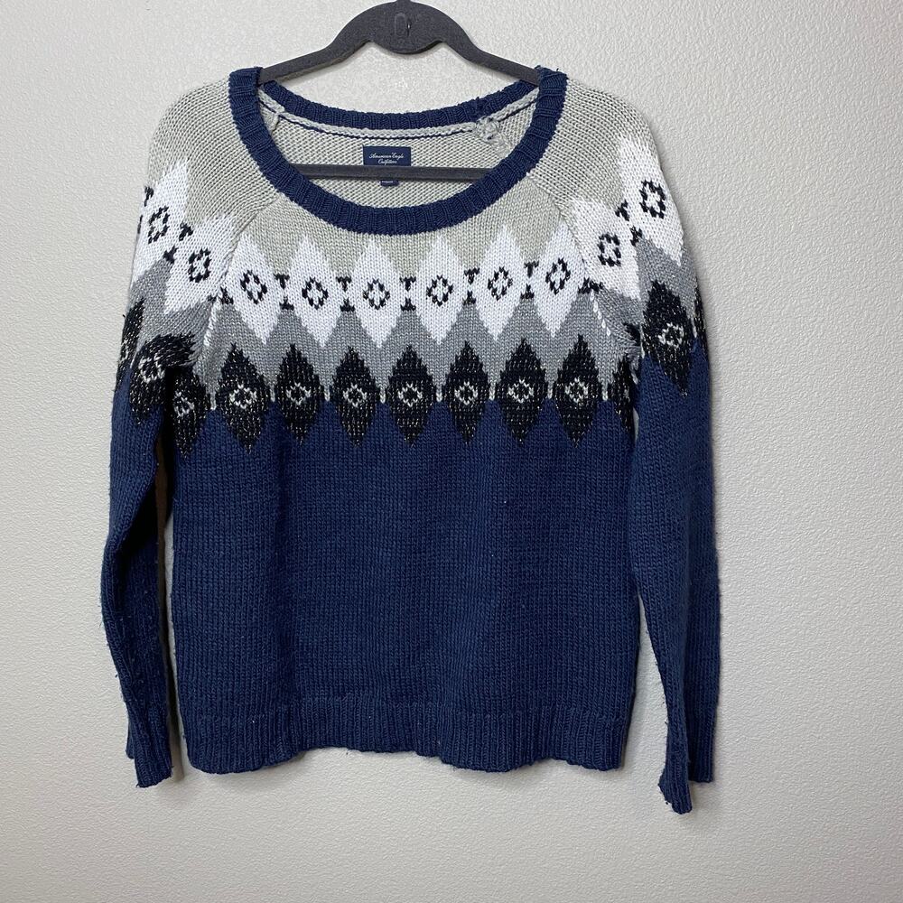 American Eagle Womens Small Fair Isle Wool Blend Knit Sweater Navy Blue Small